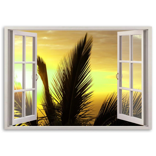 Canvas Print Window View Palms Sunset