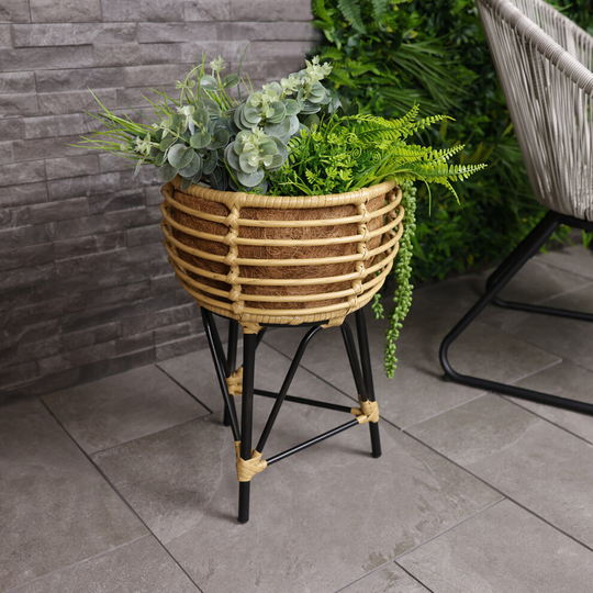 Charles Bentley Casablanca Tripod Plant Stand Medium 50cm x 35cm Natural Black Rattan Tall Planter Raised Woven Cross Leg Indoor Outdoor Home Raised