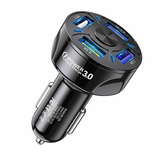 (Black) Car Charger 4-port Car Charging Adapter with LED Light QC 3.0 Fast Charging USB Phone Charger, Black