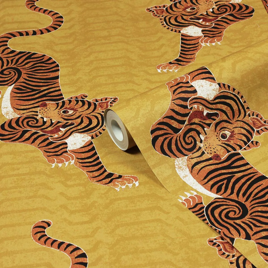 Furn. Tibetan Tiger Mustard Yellow Animal Printed Wallpaper