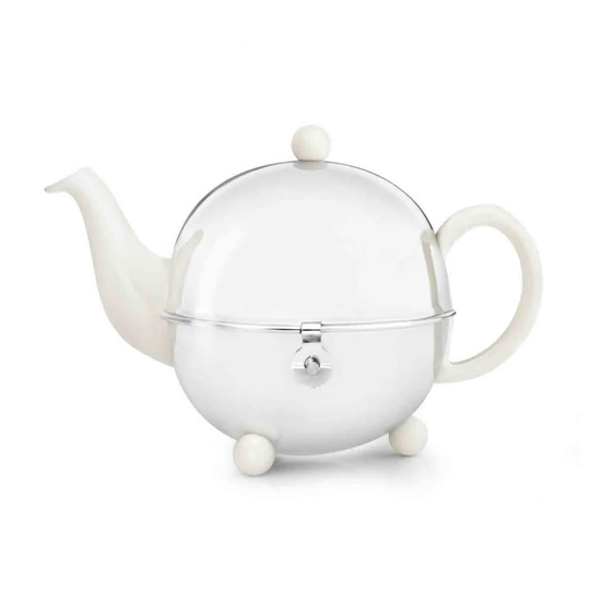 Bredemeijer Teapot Cosy Design Stoneware Cream White Body 0.9L With Polished Steel Casing
