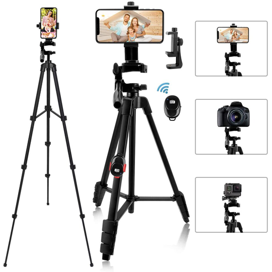 iPhone Tripod, 54" Lightweihgt Travel Tripod with Phone Holder Adapter/Bluetooth Remote/Carry Bag for Selfie, Video, Live Stream, Vlogging, Facebook,