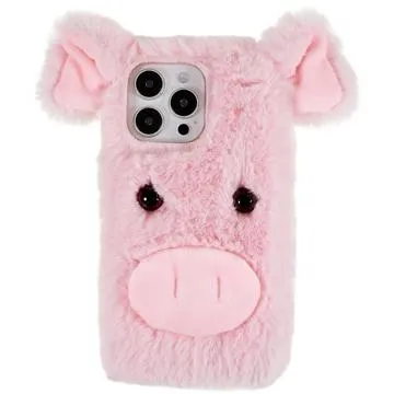 Fluffy Plush iPhone 14 Pro Hybrid Case - Pink Pig