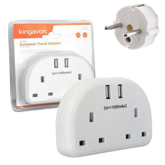 2 Way European 2 Pin Travel Adapter, With 2 USB Ports