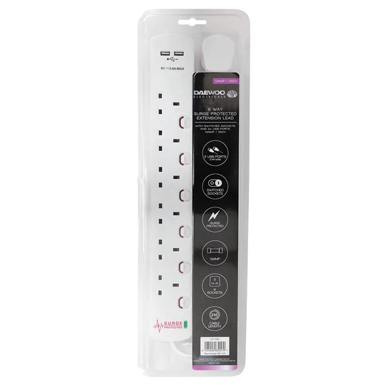 Daewoo 6-Way 2m Switched USB Extension Lead with Surge Protection - White