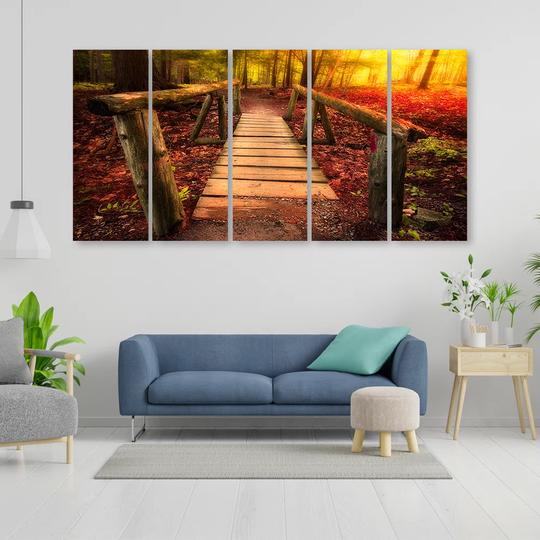 Canvas Print Autumn Forest Leaves Bridge