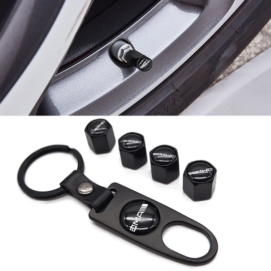 For AMG 4PCS Chrome Car Tyre Air Dust Valve Stem Cap With Keychain