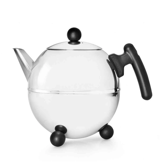 Bredemeijer Teapot Double Wall Bella Ronde Design 1.5L In Polished Steel Finish With Black Fittings