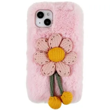 3D Plush Furry Winter iPhone 14 Plus TPU Case - Pink Flower