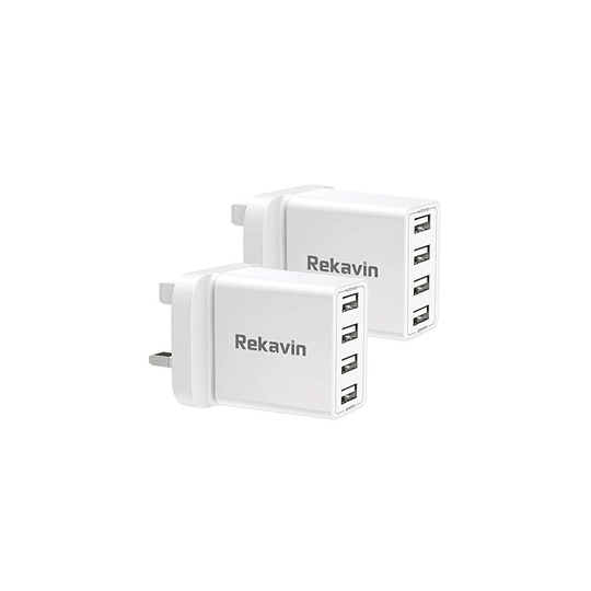 2 Pack USB Plug Charger,Rekavin 4 Port Multi USB Plug Adapter UK 25W/5A Wall Charger Mains with Smart IC Fast Charging for iPhone 11 pro Max XS X