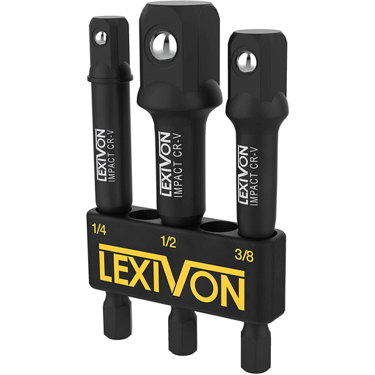 LEXIVON Impact Grade Socket Adapter Set, 3" Extension Bit with Holder | 3-Piece 1/4", 3/8", and 1/2" Drive, Adapt Your Power Drill to High T