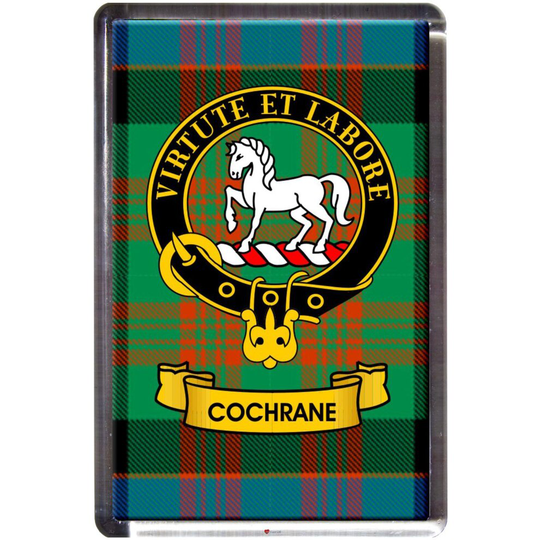 Cochrane Tartan Fridge Magnet with Scottish Clan Crest on Clear Acrylic Rectangular Base