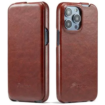 Fashion iPhone 14 Pro Vertical Flip Case - Brown