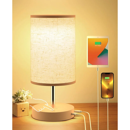 Bedside Lamps, Table Lamp For Bedroom With USB Type C Ports,Touch Desk Lamp Stepless 2-100% Dimmable LED Nightstand Lamp Adjustable Height With Danish