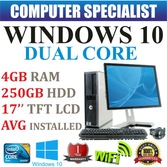 WIN 10 FULL DELL COMPUTER DESKTOP TOWER SET PC 4GB RAM 250GB HD WIFI