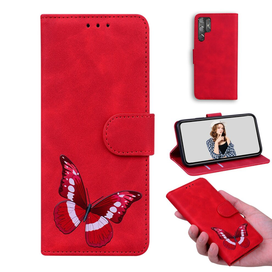 Case for Samsung Galaxy S22 Ultra Butterfly Cover Premium Leather Magnetic- Red