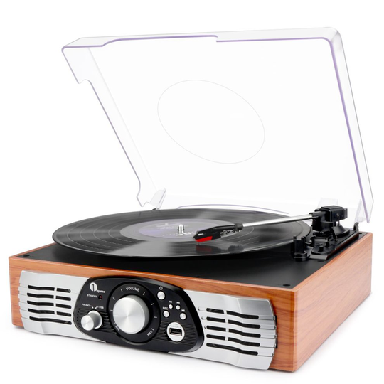1byone Belt-Drive 3-Speed Stereo Turntable with Built in Speakers, Supports Vinyl to MP3 Recording, USB MP3 Playback, and RCA Output, Natural Wood