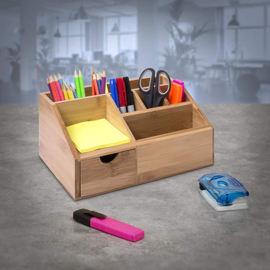 woodluv Bamboo Desk Tidy Organisers Pen Pencil Holder Letter Rack Tablet Holder, Multi-funtional Storage Organizer, 24.5 x 15 x...