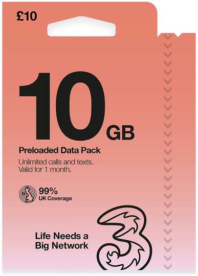 Three 10GB New Pay As You Go SIM