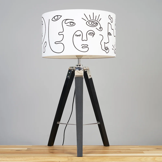 Margaree Black Wood & Chrome Tripod Table Lamp With Large Art Design Drum Shade & GLS 3000K ES E27 LED Bulb