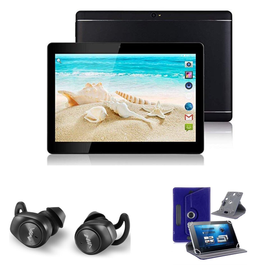 (Blue) 10.1" Android 8 Tablet Bundle (Earbuds and Leather Case)