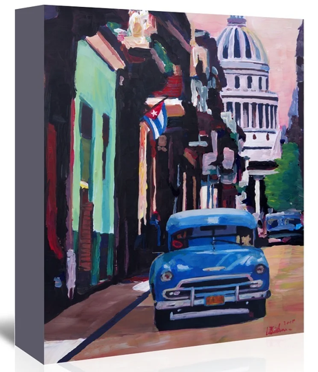 Cuban Oldtimer Street Scene in Havanna Cuba with Buena Vista Feelinng by M Bleichner - Wrapped Canvas Painting Print