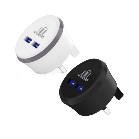 (White) Ameego Round Dual USB 3 Amp Mains Charger Plug