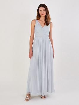 Monsoon Anne Mesh Maxi Bridesmaid Dress - Silver