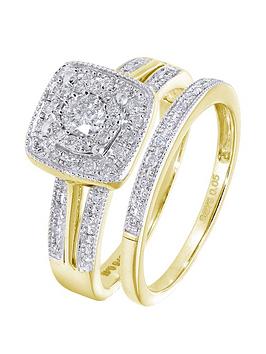 Love Diamond 9Ct Yellow Gold 50 Point Diamond Square Set Split Shoulder Bridal Set Of Two Rings