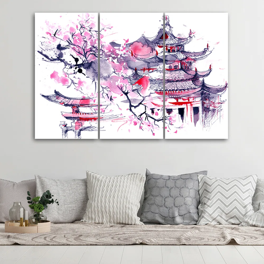 Canvas Print Pagoda Cherry Tree Japan Painted