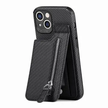 iPhone 14 Plus Case with Zipper Pocket & Stand - Carbon Fiber - Black