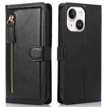 Zipper Pocket iPhone 14 Plus Wallet Case - Black