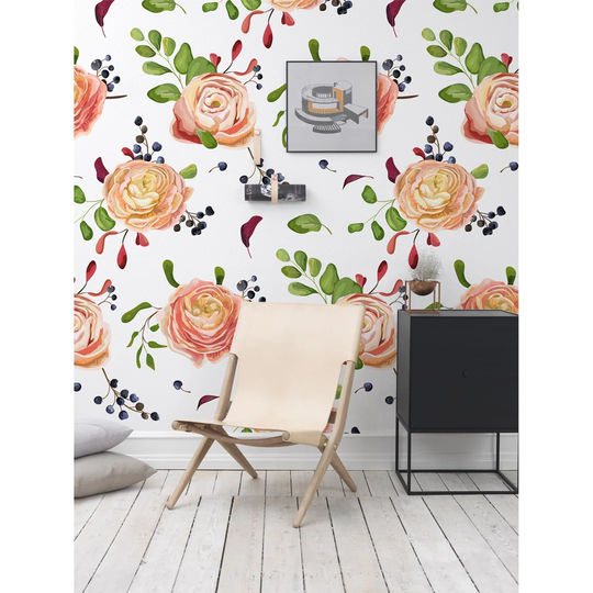 Walllpaper Roll 250X250cm Kitchen Livingroom Bedroom Mural Decoration Wallpaper Material With Print - Rosesberries Flowers Leaves