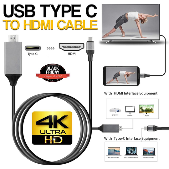 USB C Type-C to 4K HDMI Cable HDTV Adapter For Samsung Macbook Xiaomi