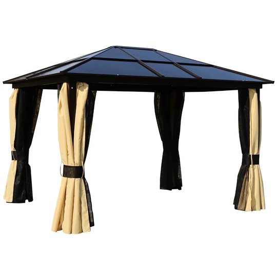 Outsunny 3X3.6M Garden Gazebo Tent With Magnet Led Solar Light Outdoor Sunshade - Brown