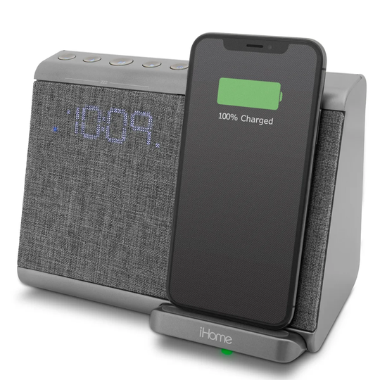 iHome Bluetooth Dual Alarm Clock with Hands Free Function, Wireless Qi Charging and USB Port - Grey