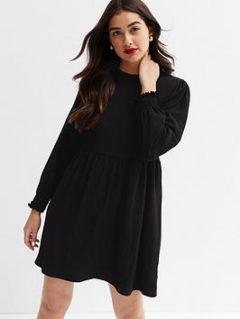 New Look Crinkle Long Sleeve Mini Smock Dress - Black, Green, Size 6, Women