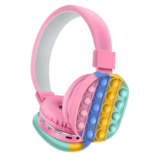 (Pink) Pop It Decompression Kids Headset Toy Fidget Wireless Stereo Headphone Bluetooth