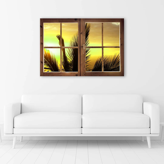 Canvas Print Palm Sunset Window
