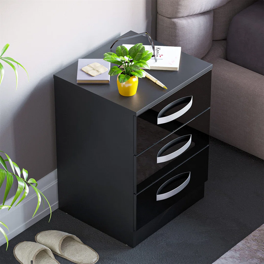 High Gloss Chest Of Drawers, 3 Drawers With Metal Handles And Anti-Bowing Drawer Support, Wood, Black