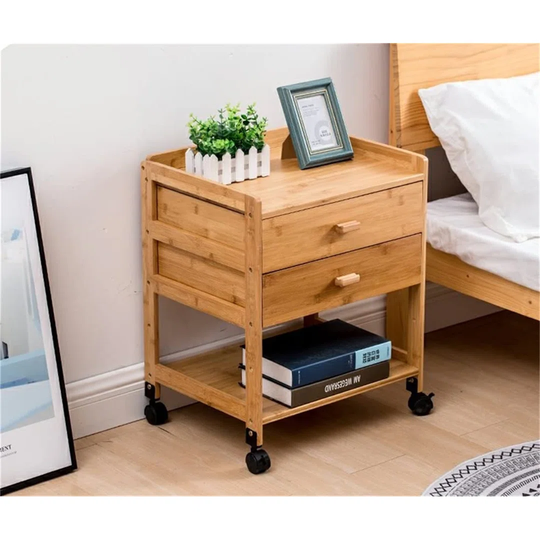 Bamboo Nightstand Side Table End Table Bedside Tables With 2 Drawers And Wheels For Living Room/Bedroom/Study Room (Bamboo With Wheels)