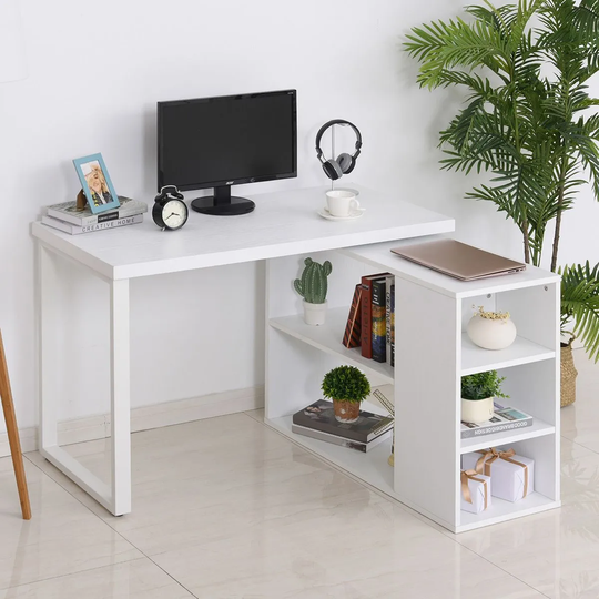 HOMCOM Corner Desk L Shaped Straight Dual Desktop Computer Desk with Rotating Storage Shelf White