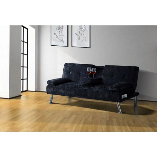 SleepOn Crushed Velvet Bluetooth Cinema Sofa Bed With Drink Cup Holder Table Black