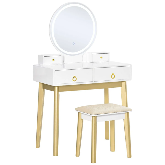 HOMCOM Dressing Table Set With Round LED Mirror Stool And 4 Drawers White And Gold