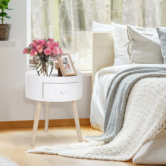 Modern Side Table, Small Coffee Table, Round Bedside Table With Drawer And Wood Legs For Living Room, Bedroom, White