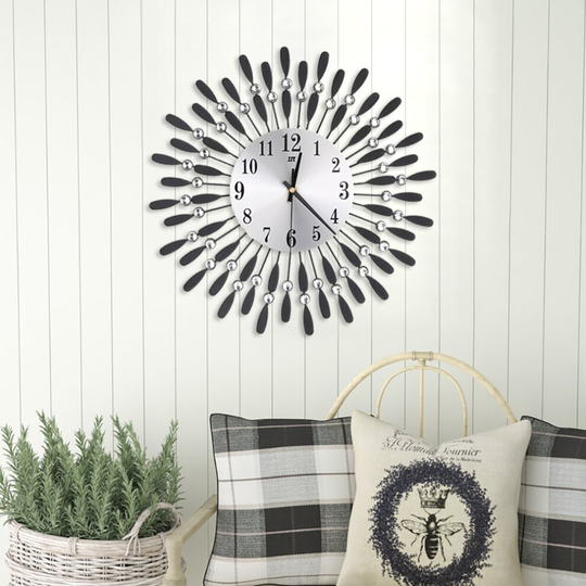 (Black) Large 3D Wall Clock Art Metal Diamond Silent Clock
