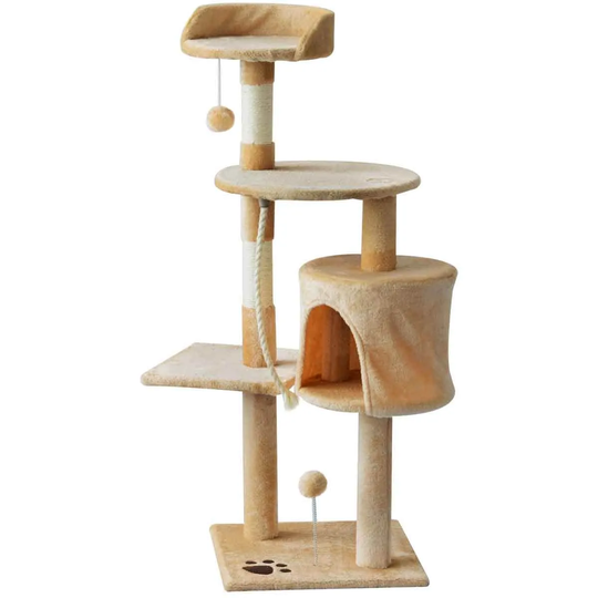 PawHut 4-Tier Cat Tree Activity Centre w/ Scratching Post and Toys - Beige