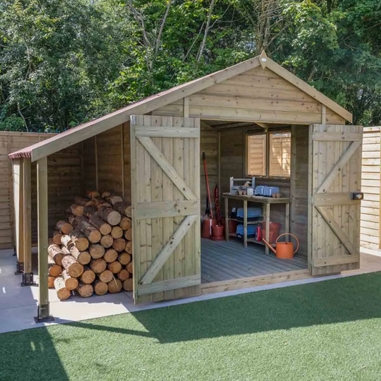 Forest Garden Timberdale T&G Pressure Treated 10x8 Reverese Apex Shed - Double Door - With Log Store - With Base