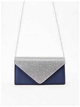 Quiz Satin Diamante Clutch Bag, Dark Blue, Women