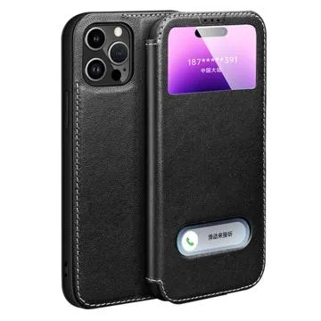 Dual View iPhone 14 Pro Flip Leather Case - Black